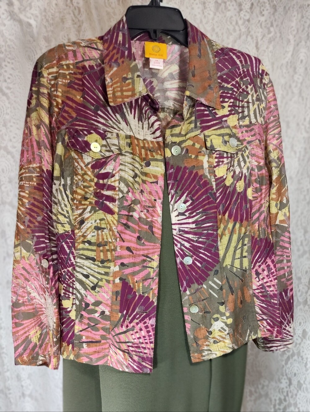 Ruby Rd. Floral Burnout Design Button-Down Shirt in Purple, Green and Pink